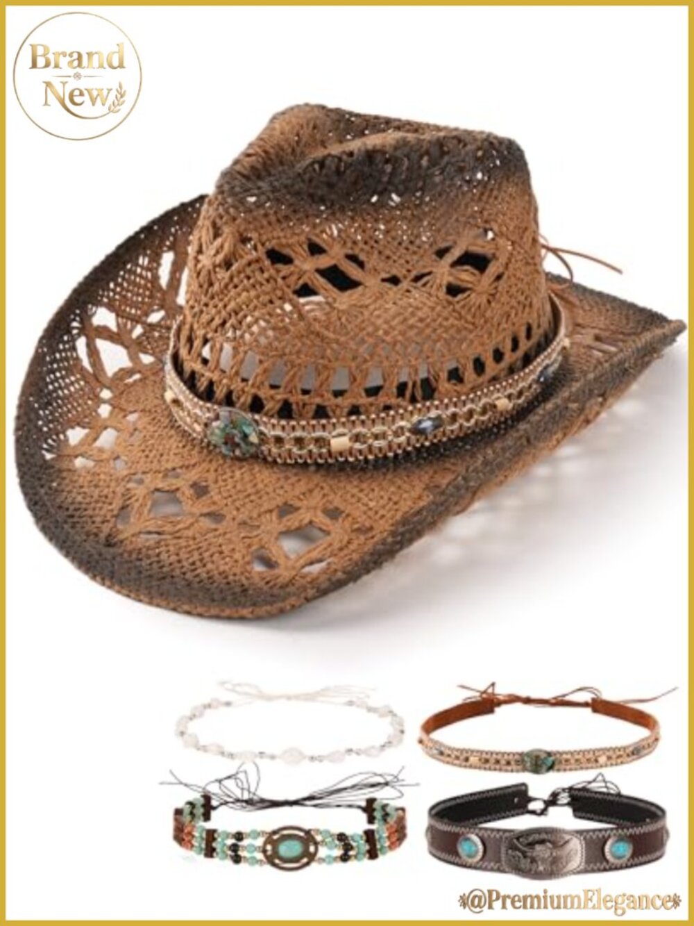 Straw Cowboy Hat with 4 Decorative Bands Paper Straw 3.5in Brim Sun Hat